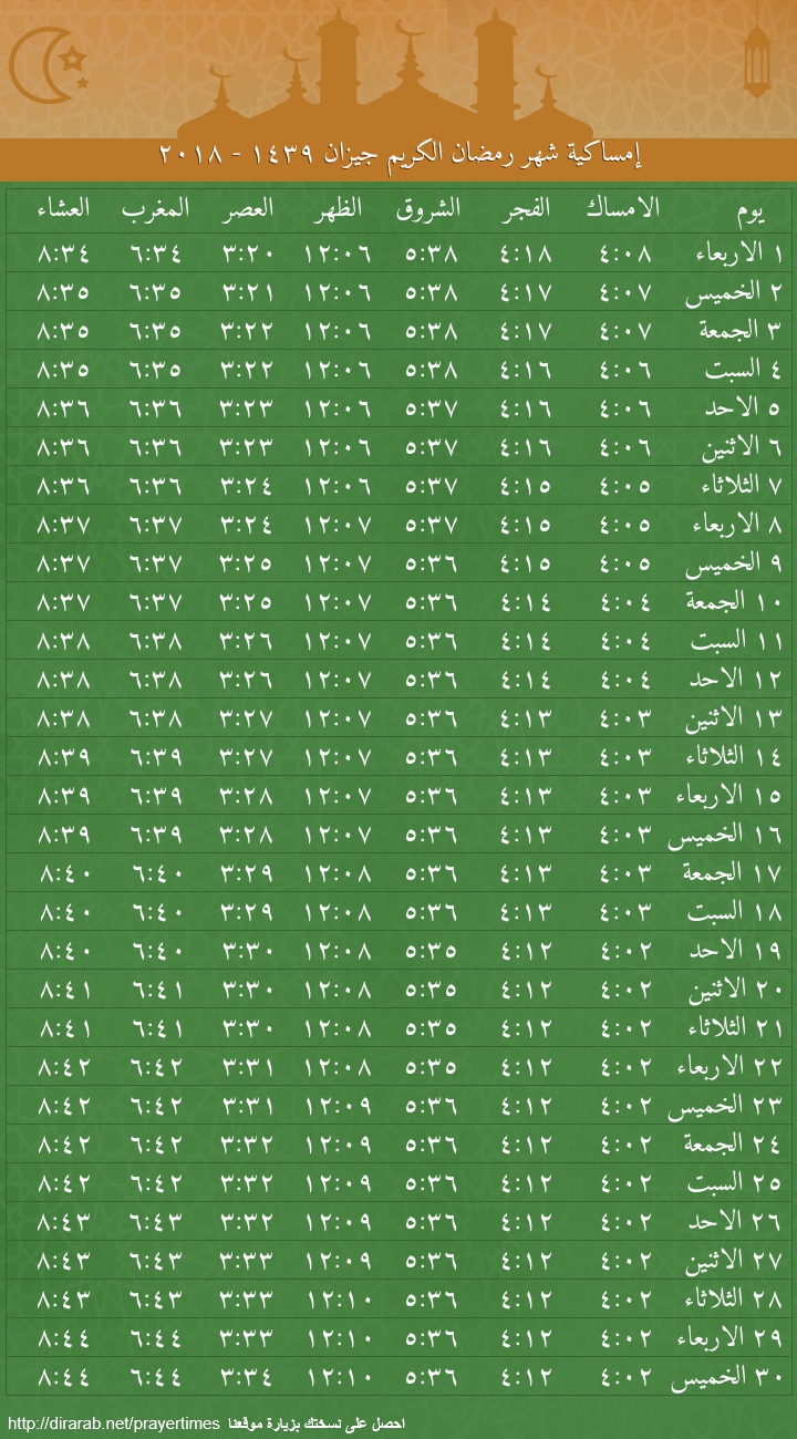 امساكية رمضان 2018 - 1439 السعودية