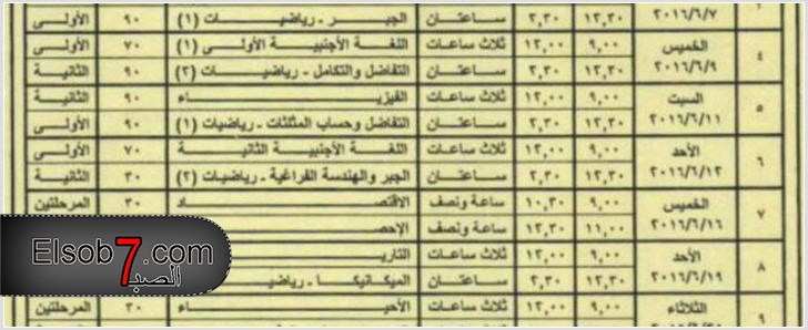 جدول امتحانات الثانوية العامه مصر 2016 نظام قديم