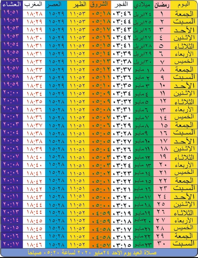 إمساكية رمضان 2020 مصر و السعودية 1441 و موعد أذان المغرب ومواقيت الصلاة